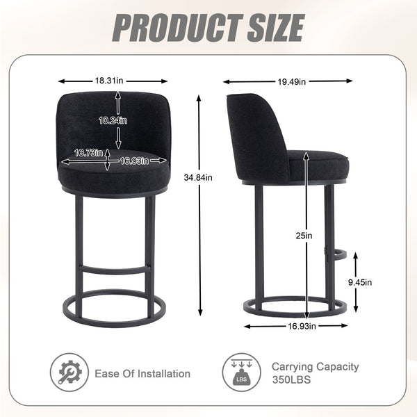 English Elm Counter Height Barstools Set of 2 Linen Upholstered Barrel Seat with Iron Legs Black W395P410438