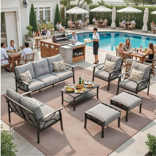 English Elm 7-piece Outdoor Sectional Set Steel Frame 9 Seat Patio Conversation with Cushioned Ottomans Gray B082S00125