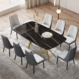 Hearth and Haven Large Modern Minimalist Rectangular Dining Table with 0.39 "Imitation Marble Black Tabletop and Golden Metal Legs, Paired with Chairs with Leatherette Cushions and Black Metal Legs. F-1538 C-007 W1151S00882 W1151S00882