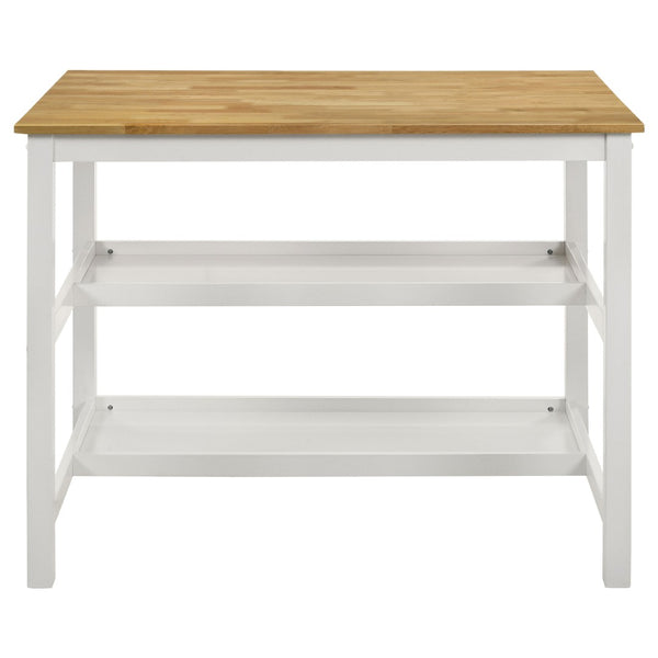 English Elm Cowichan Farmhouse Kitchen Island with Butcher Block Top Open Shelves and Pot Rack B062S01487