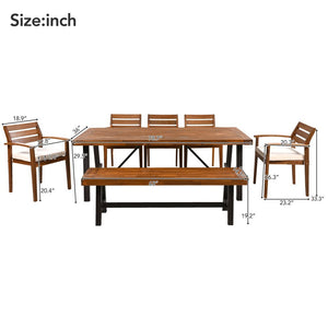 English Elm GO Outdoor 7-Piece Acacia Wood Dining Set for 7-8 — Removable Cushions, Ergonomic Chairs & Bench, Stable FG201230AAA