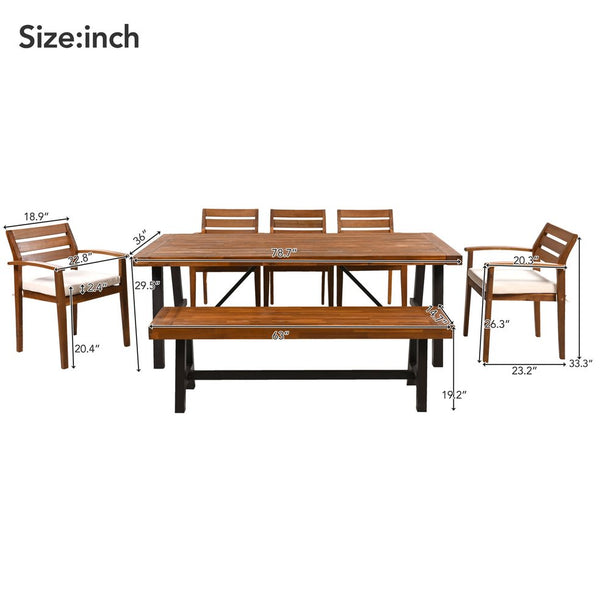 English Elm GO Outdoor 7-Piece Acacia Wood Dining Set for 7-8 — Removable Cushions, Ergonomic Chairs & Bench, Stable FG201230AAA