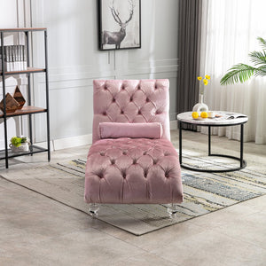 English Elm Velvet Curved Chaise Lounge Sofa with Button-Tufted Upholstery, Foam Seat, Acrylic Legs, Stylish Relaxation Pink W39538676