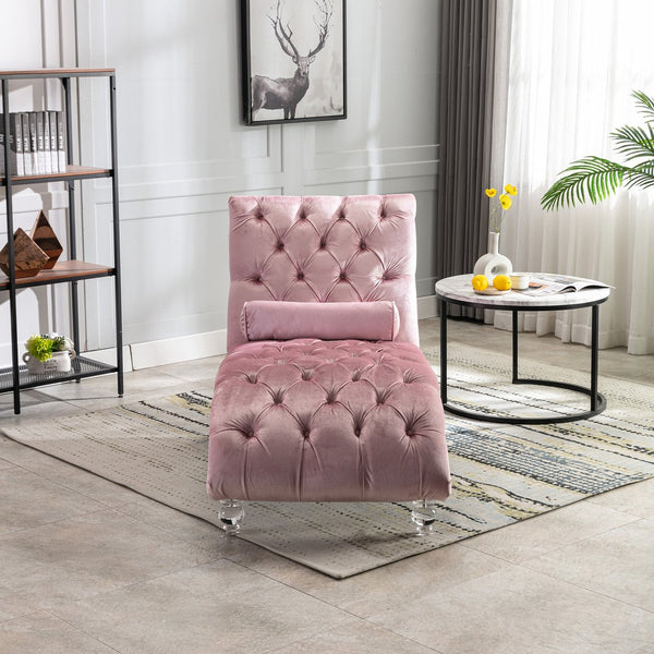 English Elm Velvet Curved Chaise Lounge Sofa with Button-Tufted Back, Thick Foam Comfort and Acrylic Legs for Living Room Relaxation Pink W39538676