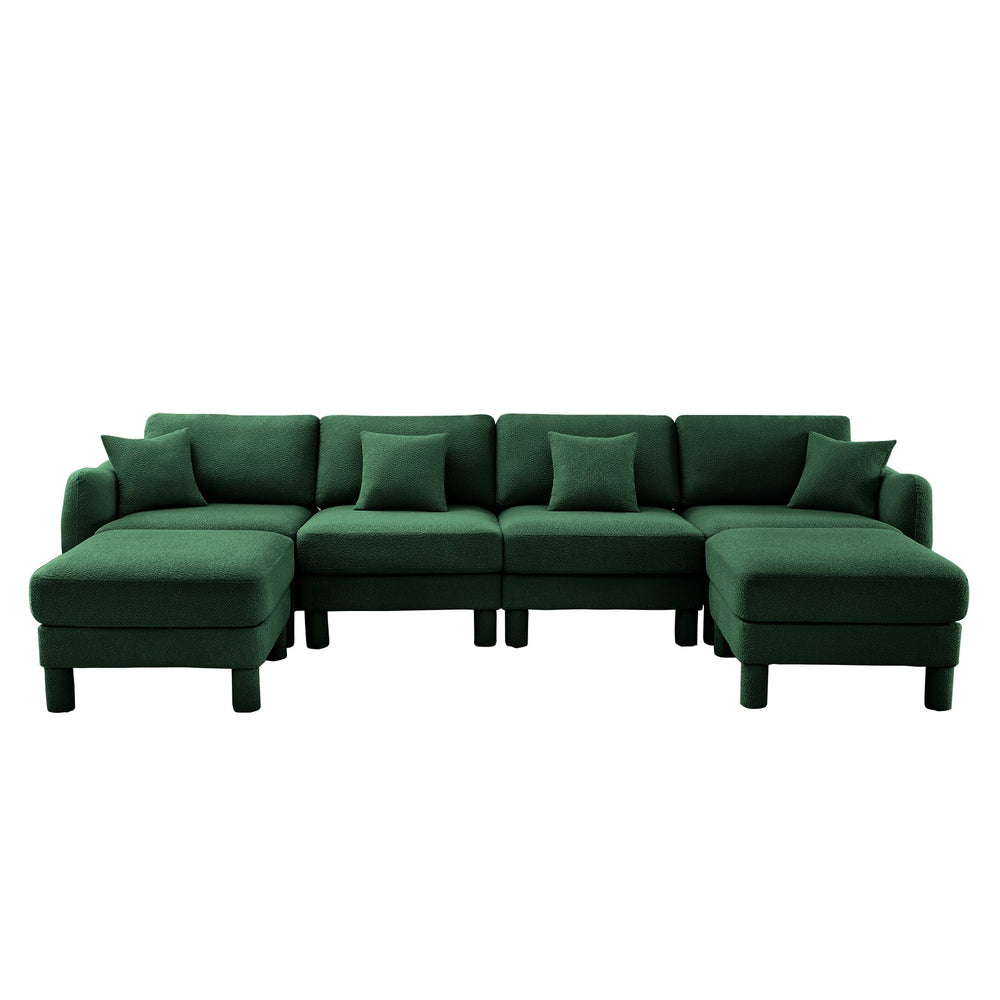 English Elm Boucle U Shape Sectional Sofa - 4-Seater With Shell Armrests & Movable Ottomans, Green Elegance W3041S00313
