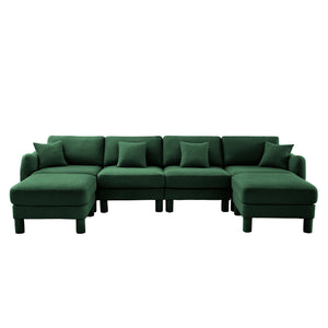 English Elm Boucle U Shape Sectional Sofa - 4-Seater With Shell Armrests & Movable Ottomans, Green Elegance W3041S00313