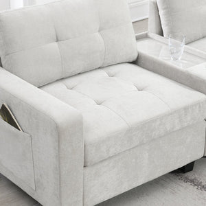 English Elm 104'' Sectional Sofa with Acrylic Table Top, Chenille Tufted U-Shaped Couch with Consoles, USB Charging, Storage Drawers and Ottoman for Living Room, Apartment Light Gray N723S0191K