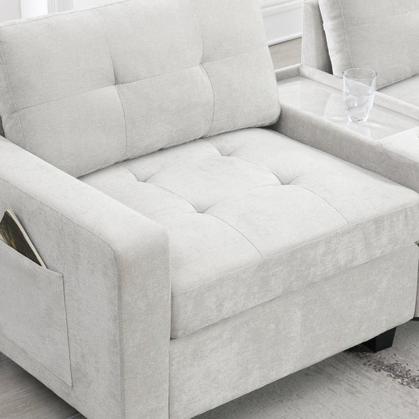 English Elm 104'' Sectional Sofa with Acrylic Table Top, Chenille Tufted U-Shaped Couch with Consoles, USB Charging, Storage Drawers and Ottoman for Living Room, Apartment Light Gray N723S0191K