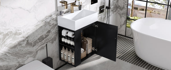 English Elm 20 Modern Wall-Mounted Bathroom Vanity with Ceramic Sink, Diamond Door, Gold Handles & Shelves — Compact Black N725P314033B