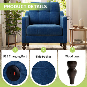 English Elm Accent Chenille Reading Chair with Usb Port Retro Wood Legs Ergonomic Wide Seat W2715P433647