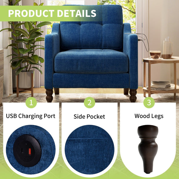 English Elm Accent Chenille Reading Chair with Usb Port Retro Wood Legs Ergonomic Wide Seat W2715P433647