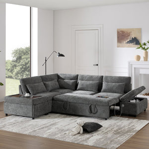 English Elm [video]107'' Chenille Sleeper Sectional with Usb Charging Storage Ottoman and Adjustable Armrest Gray N723S8782E