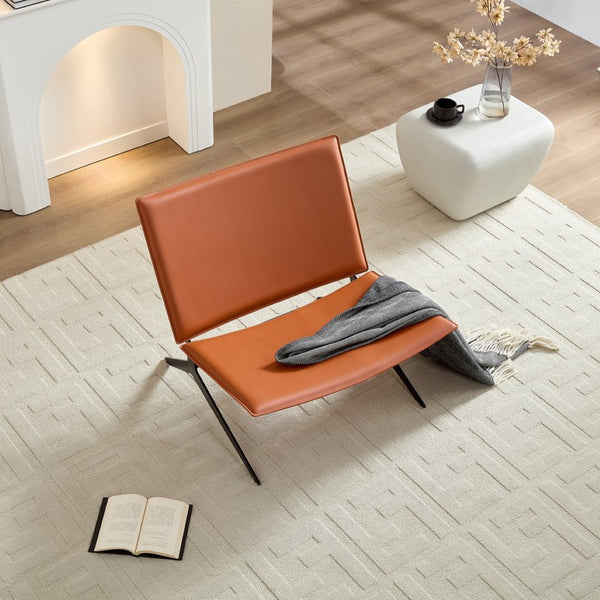 English Elm Modern Saddle Leather Accent Chair Curved Back Matte Iron Legs Compact Seating Orange W2085P399082