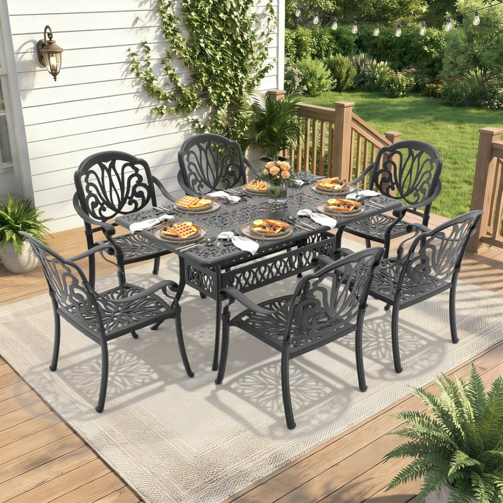 English Elm 7-piece Cast Aluminum Outdoor Dining Set Ornate Patterned Frames with Weather Resistant Cushions W1710S00570