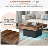 English Elm 31.4'' X 31.4'' Farmhouse Coffee Table With 2 Usb Ports and Outlets, Brown Spliced Wood Grain Center Table With Led Light, Rustic Cocktail Table With Charging Station For Living Room, Black