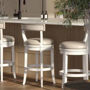English Elm 31" Swivel Barstool Linen Upholstered Seat Nailhead Trim Warm Wood Kitchen Island White B2751P436449