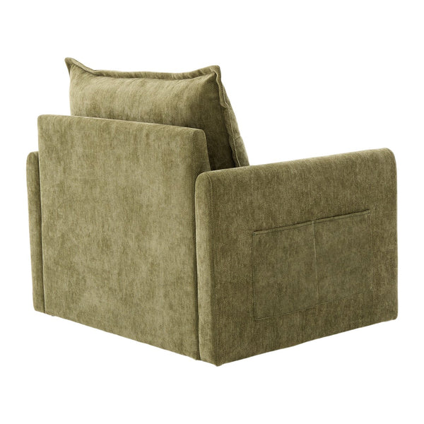 English Elm UNITED Swivel Barrel Chair with Chenille Upholstery, 360° Smooth Rotation, Padded Arm Comfort and Side Pockets for Living Room Relaxation Olive Green W1568P290086