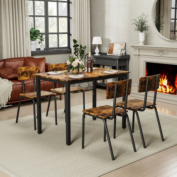 English Elm 5-Piece Modern Dining Set for Small Spaces — 43.3" MDF Top Table with Metal Frame and 4 Chairs, Easy Clean Brown W578133461