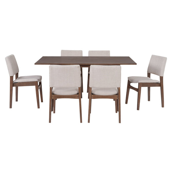 English Elm 7-piece Rectangular Rubberwood Dining Set with Six Linen Upholstered Stackable Chairs Dark Walnut N752S000018D