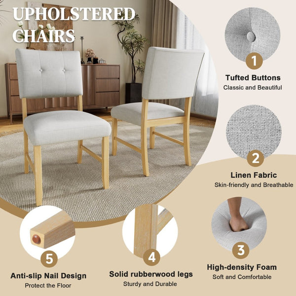 English Elm 6 Piece Farmhouse Dining Set Rubberwood Legs Tufted Chairs Bench Natural Ash Table N752S600015D