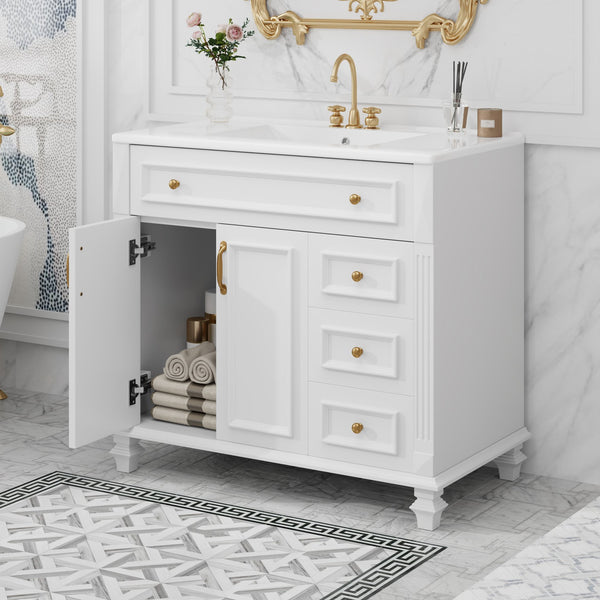 English Elm 36" Modern Bathroom Vanity with Ceramic Sink, Gold Handles, Flip-Out Drawer & Soft-Close Doors White N725P283623K