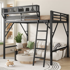 English Elm Queen Size Metal Loft Bed with Ladder and Built-In Storage Shelves, High Durable Black Frame, 400LB Capacity W2580P316650