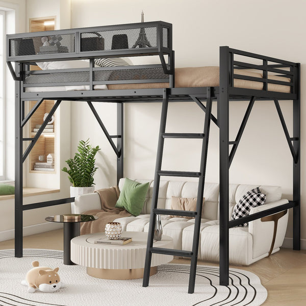 English Elm Queen Size Metal Loft Bed with Ladder and Built-In Storage Shelves, High Durable Black Frame, 400LB Capacity W2580P316650