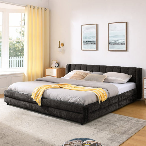 English Elm King Chenille Upholstered Platform Bed with Storage Drawers and Structured Headboard Dark Gray W487S00415