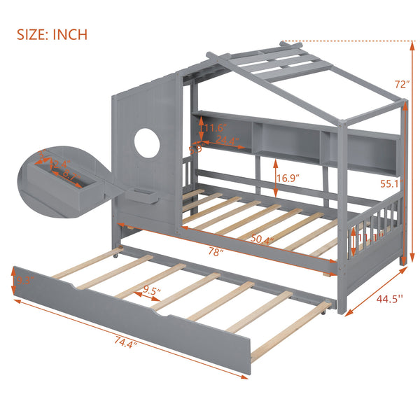 English Elm Wooden Twin House Bed with Trundle and 3 Back Shelves, Pine Frame Playful Loft Design for Kids Gray 41.7 L x 16.25 W x 6 H N733S316110E