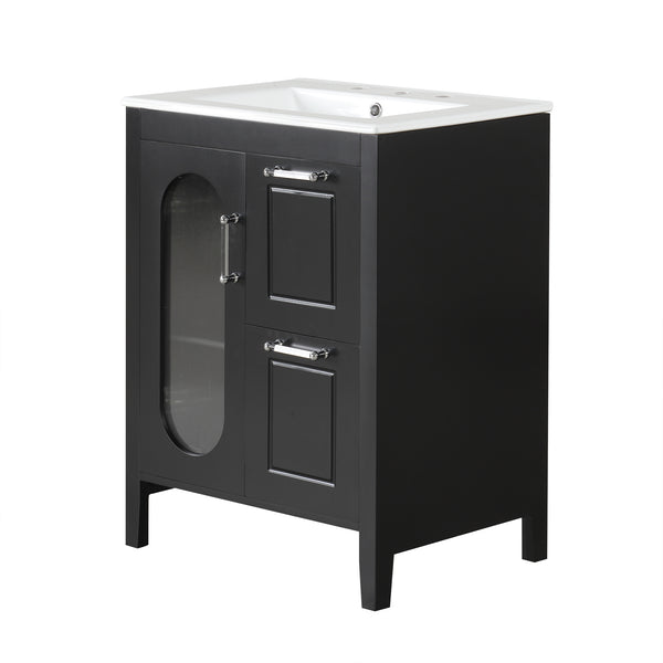 English Elm 24" Modern Bathroom Vanity with Ceramic Sink, Solid Wood & MDF Cabinet, Two Drawers, Shelf Black N725P245273B