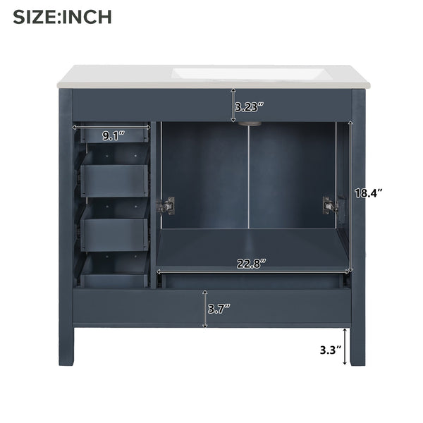 English Elm 36" Blue Bathroom Vanity with Ceramic Sink, 5 Drawers & Soft-Close Doors, Solid Wood Modern Storage N729P183735C