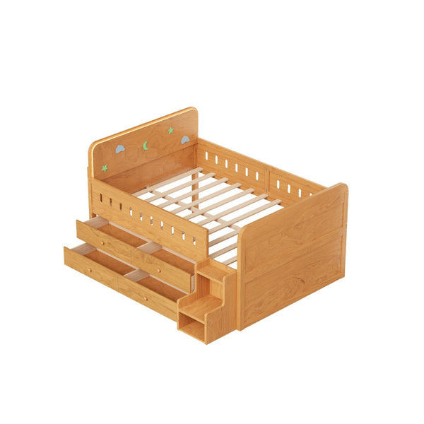 English Elm Wooden Full Bed Frame with Led Headboard Four Storage Drawers and Ladder Shelf Wood N7090004028D