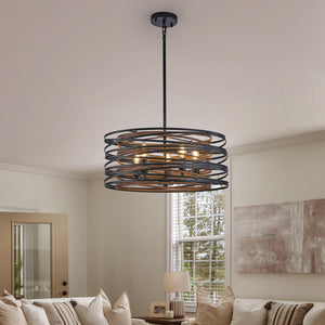 English Elm 20" Rustic Industrial Pendant Light—5-Light Black & Walnut Metal Cage Chandelier with Wood Accents for Kitchen Island and Dining Room W2312P368684