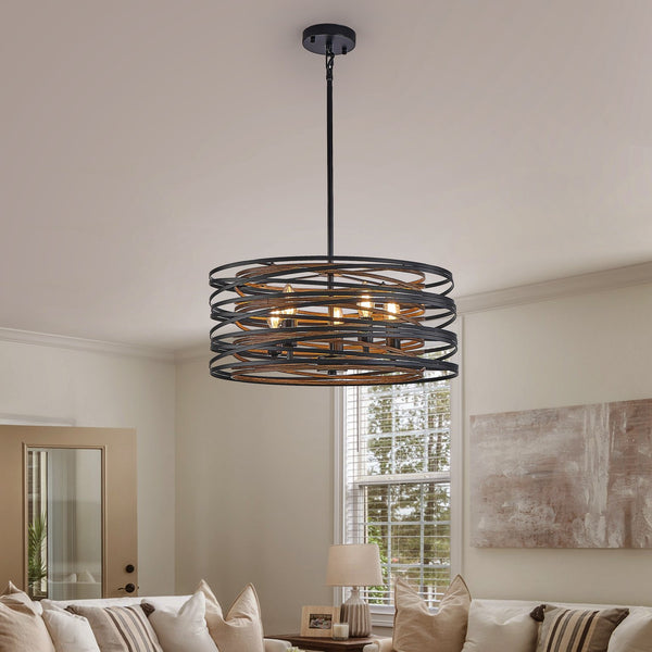 English Elm 20" Rustic Industrial Pendant Light—5-Light Black & Walnut Metal Cage Chandelier with Wood Accents for Kitchen Island and Dining Room W2312P368684