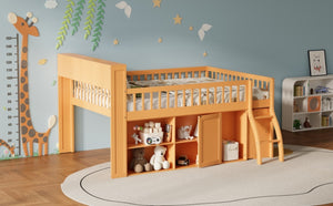 English Elm Queen Loft Bed with Open Shelving Built-in Led Light White Wood Frame N7090005025N