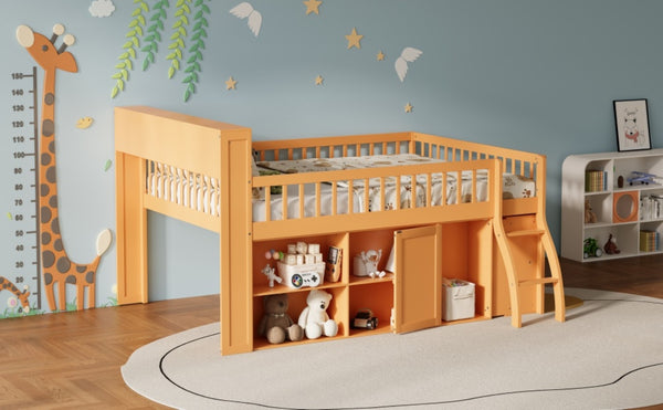 English Elm Queen Loft Bed with Open Shelving Built-in Led Light White Wood Frame N7090005025N