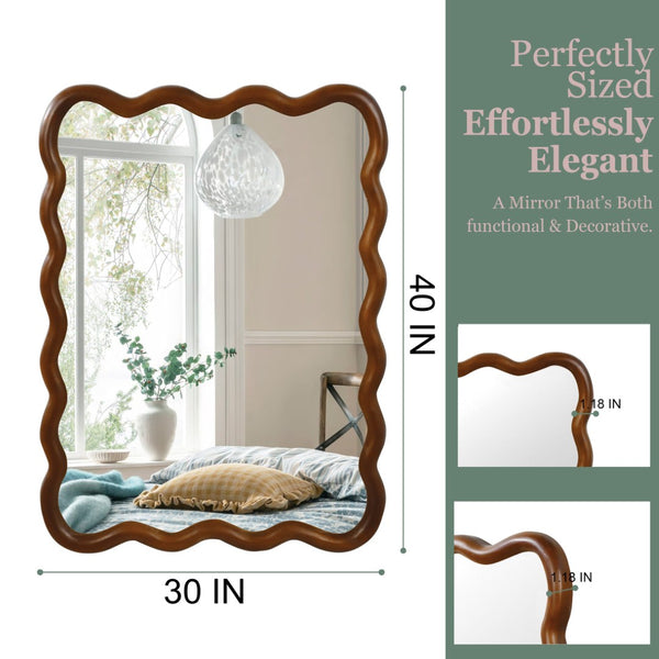 English Elm Black Walnut Solid Wood Wavy Round Mirror Sculptural Bohemian Wall Accent 30 Inch W2203P455235