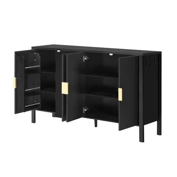 English Elm U_style Striped Four Door Sideboard Mdf Buffet Cabinet with Adjustable Shelves for Dining Black N711P345170B
