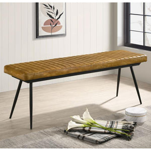 English Elm Leather Upholstered Dining Bench with Hand-Dyed Goat Leather, Vertical Tufting and Metal Legs Camel B016P369662