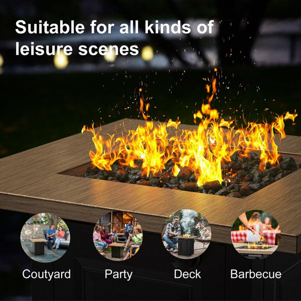 English Elm 28In Gas Fire Pit Table 50000 BTU Propane with Lid & Lava Rocks, ETL Safe, Wood Grain Black, Compact Outdoor Heat W944P198937
