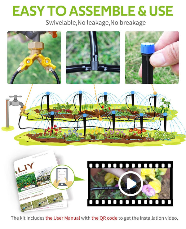 English Elm 100ft Drip Irrigation Kit Brass Splitter Adjustable Emitters Garden Greenhouse Watering W2181P170944