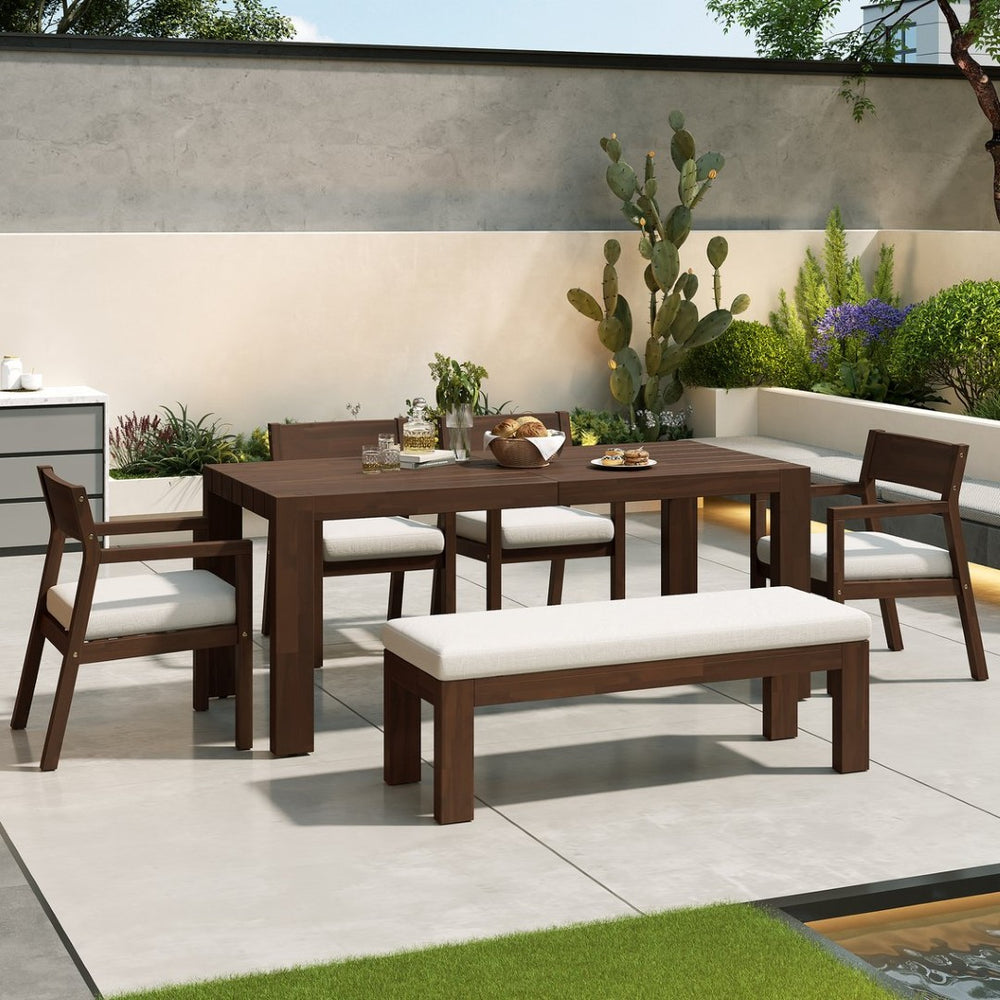 English Elm Trexm Outdoor Acacia Wood Dining Set Seats Six with Umbrella Hole and Cushioned Bench Beige,Mocha TM000028AAP