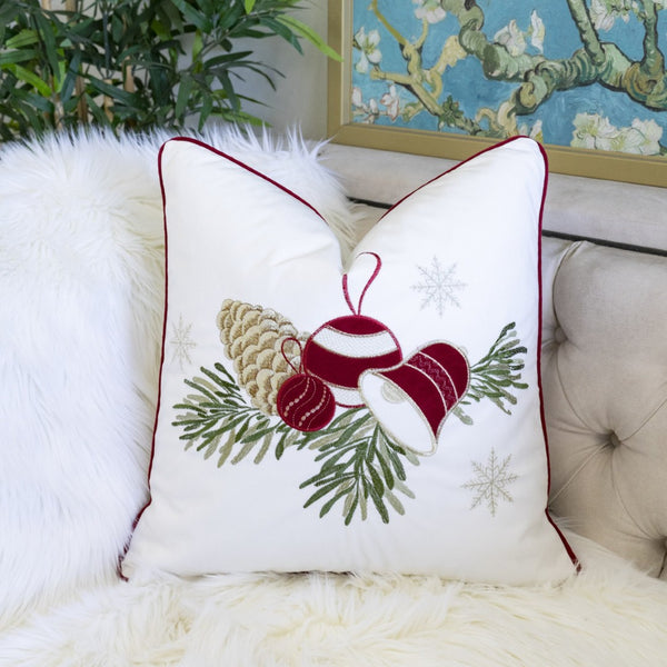 English Elm White Christmas Throw Pillow – Elegant Pinecone & Ornament Embroidery, 20X20 With Hidden Zipper B357P361356-GIGA