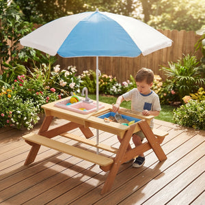 English Elm Wooden Cedar Kids Activity Table with Shade Umbrella for Backyard Sand and Water Play W2640P454242