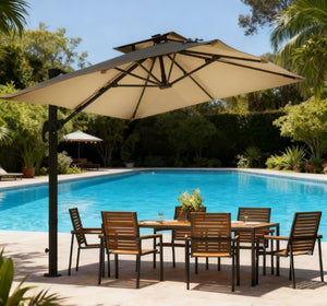 English Elm Outdoor Solar Led Cantilever Patio Umbrella with Rotating Canopy Tilt Crank Base T3971P426002