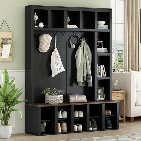 English Elm Farmhouse Hall Tree Walnut Bench Two-tone Entryway Organizer with Six Hooks Shoe Storage N721S000044B-1