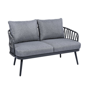 English Elm Christopher Knight Home® - 4-Piece Outdoor Patio Set with Woven Rope U-Back, Steel Frame, Thick Cushions & Acacia Table for Garden Black+Grey N780P209458G