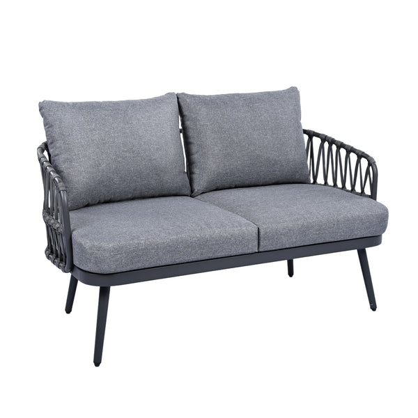 English Elm Christopher Knight Home® - 4-Piece Outdoor Patio Set with Woven Rope U-Back, Steel Frame, Thick Cushions & Acacia Table for Garden Black+Grey N780P209458G