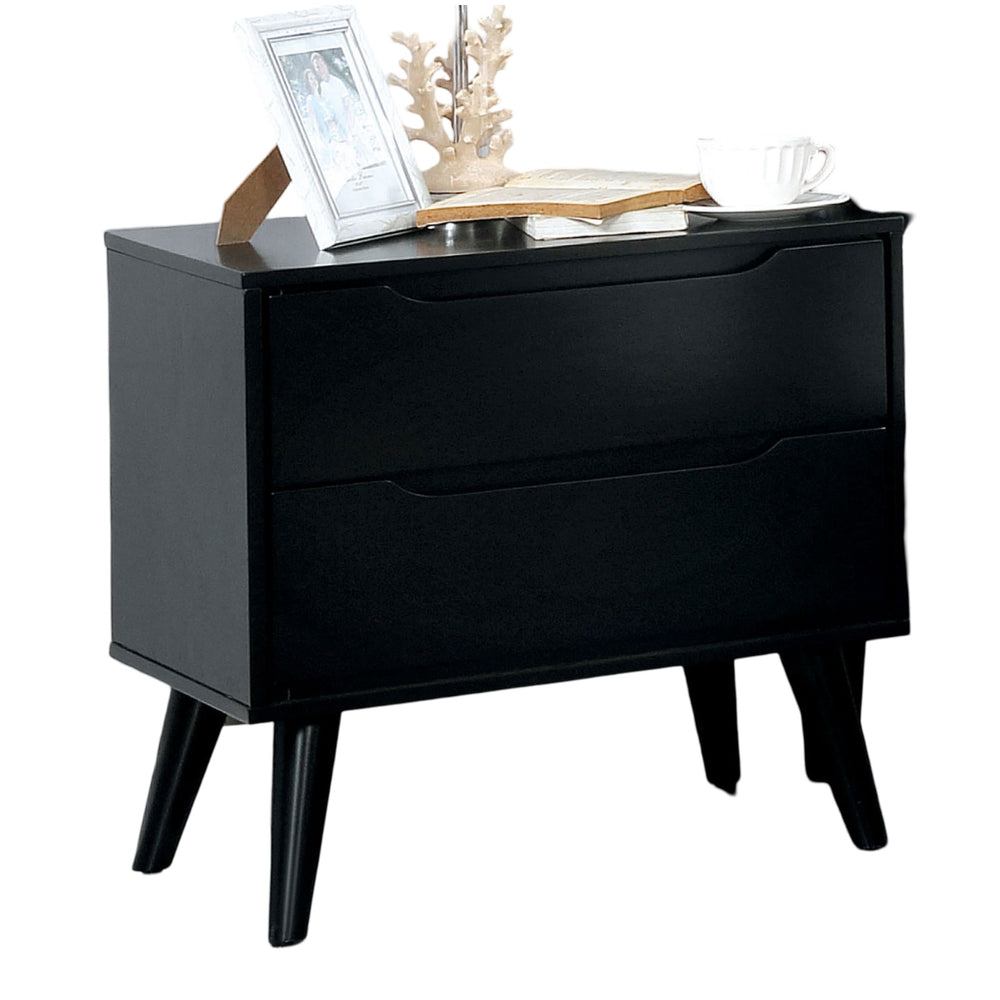 English Elm Mid-Century Black Nightstand Solid Wood with Recessed Handles, Round Tapered Legs, 2-Drawer Chic Bedroom Table B011P238915
