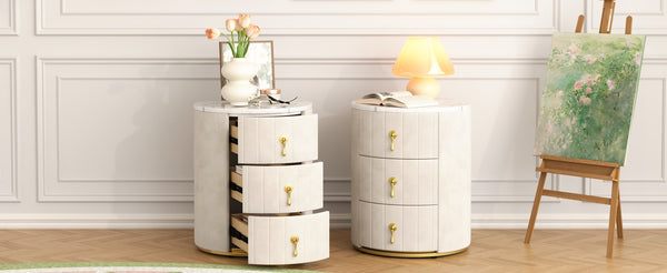 English Elm 2 Upholstered Nightstand Set with 3 Drawers, Round Velvet Bedside Table, Marble Top & Metal Handles Beige 24 L x 19.5 W x 18.89 H N733S272609A